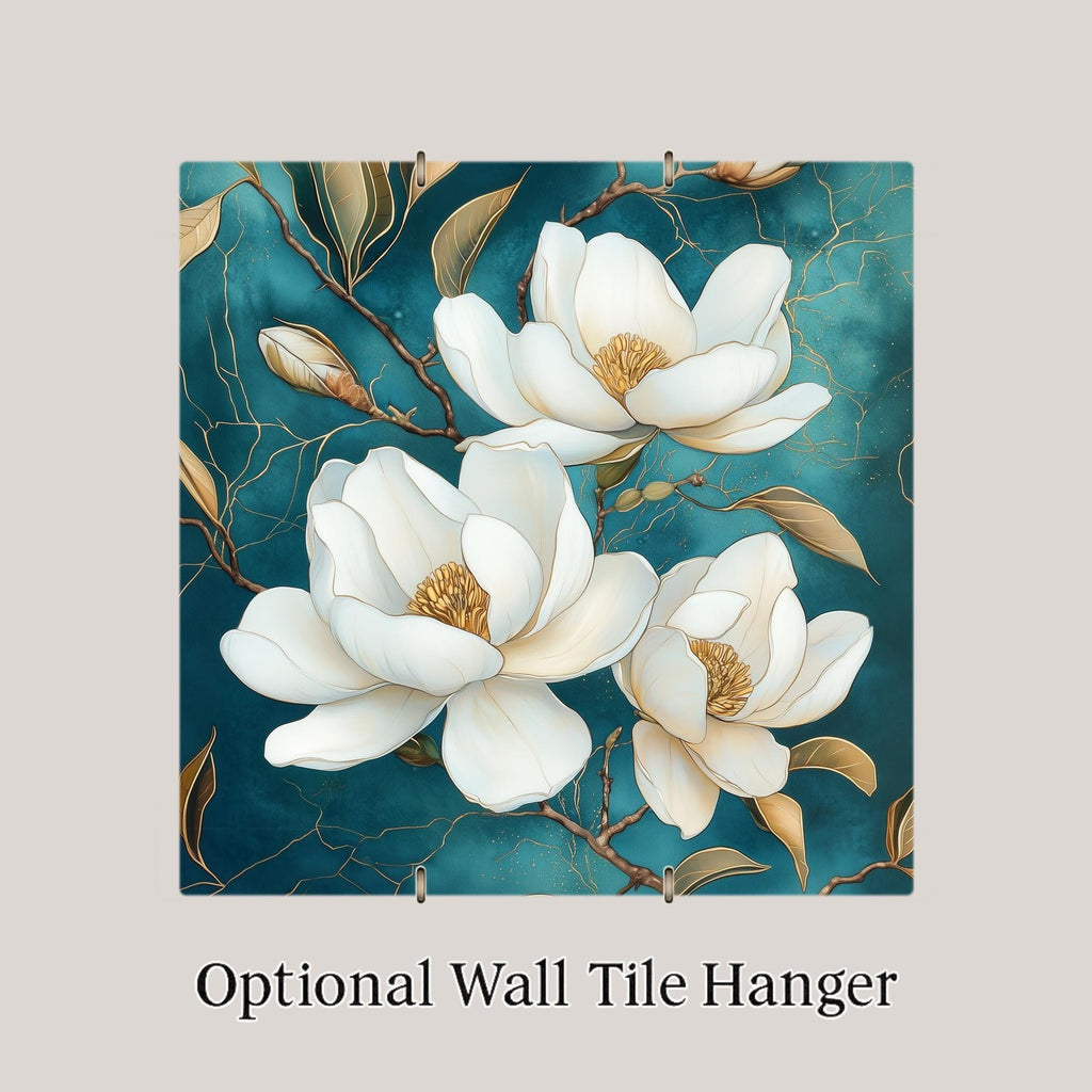 Magnolia Wall Art Ceramic Tile Teal and Gold Floral Decor White Magnolia Flower Tile Elegant Bedroom Floral Nature Art