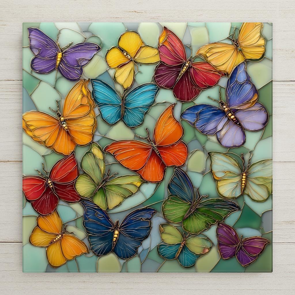 Colorful butterfly ceramic tile wall art featuring multiple butterflies in a stained glass style mosaic. Jewel-tone wings in blue, teal, orange, purple, and yellow create a bright nature-inspired home decor accent. Square ceramic tile artwork suitable for wall display or tabletop decor with optional wall hanger, easel stand, cork backing, or premium frame.