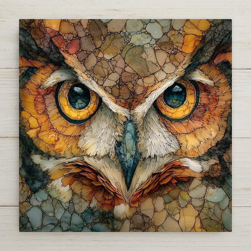 Stained glass style owl decorative tile featuring a detailed close-up of an owl’s face with golden eyes and layered mosaic textures. Printed on glossy porcelain, this wildlife art tile showcases earthy forest tones and intricate patterns, creating a bold nature-inspired wall decor piece ideal for rustic cabins, woodland homes, or animal art collections.