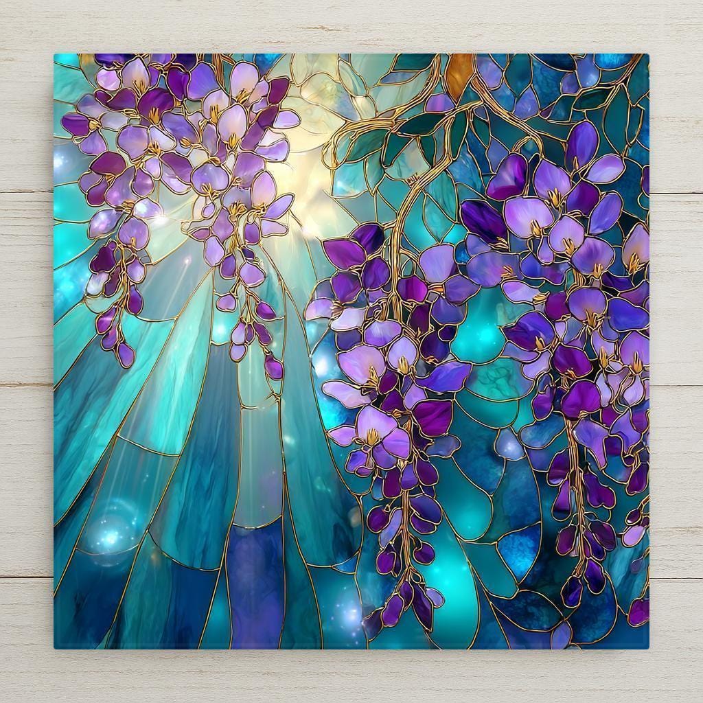 Stained glass-style ceramic tile featuring purple wisteria blossoms and golden light. Printed (not glass or painted). Ideal floral wall art gift. Optional wall hanger, easel stand, or cork backing available.