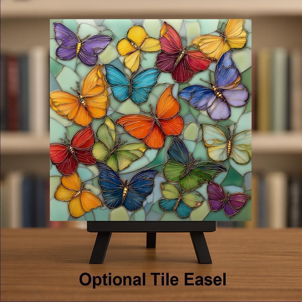 Butterfly Ceramic Art Tile – Stained Glass Style Colorful Garden Wall Decor, Nature Lover Spring Gift