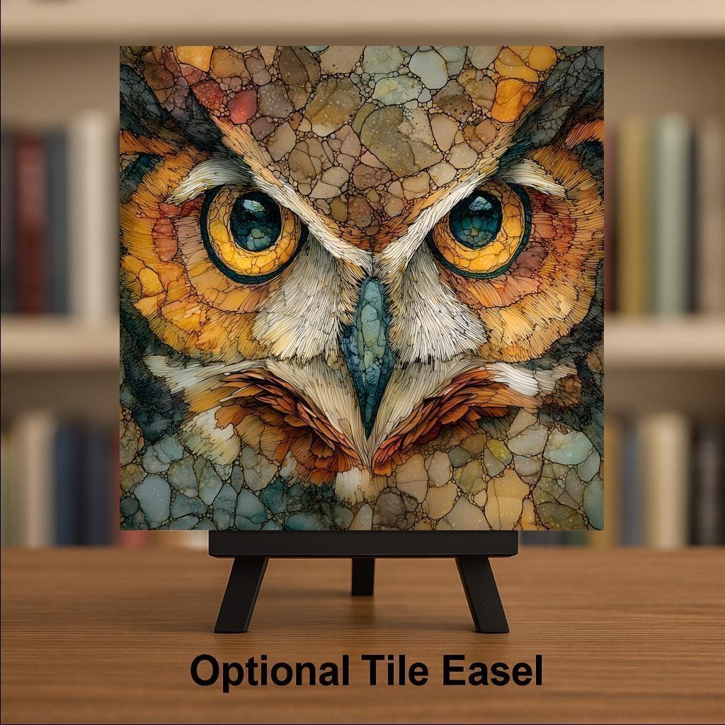 Owl Wall Art Ceramic Tile Stained Glass Style Forest Wildlife Decor Nature Animal Rustic Cabin Gift Woodland Mosaic Style