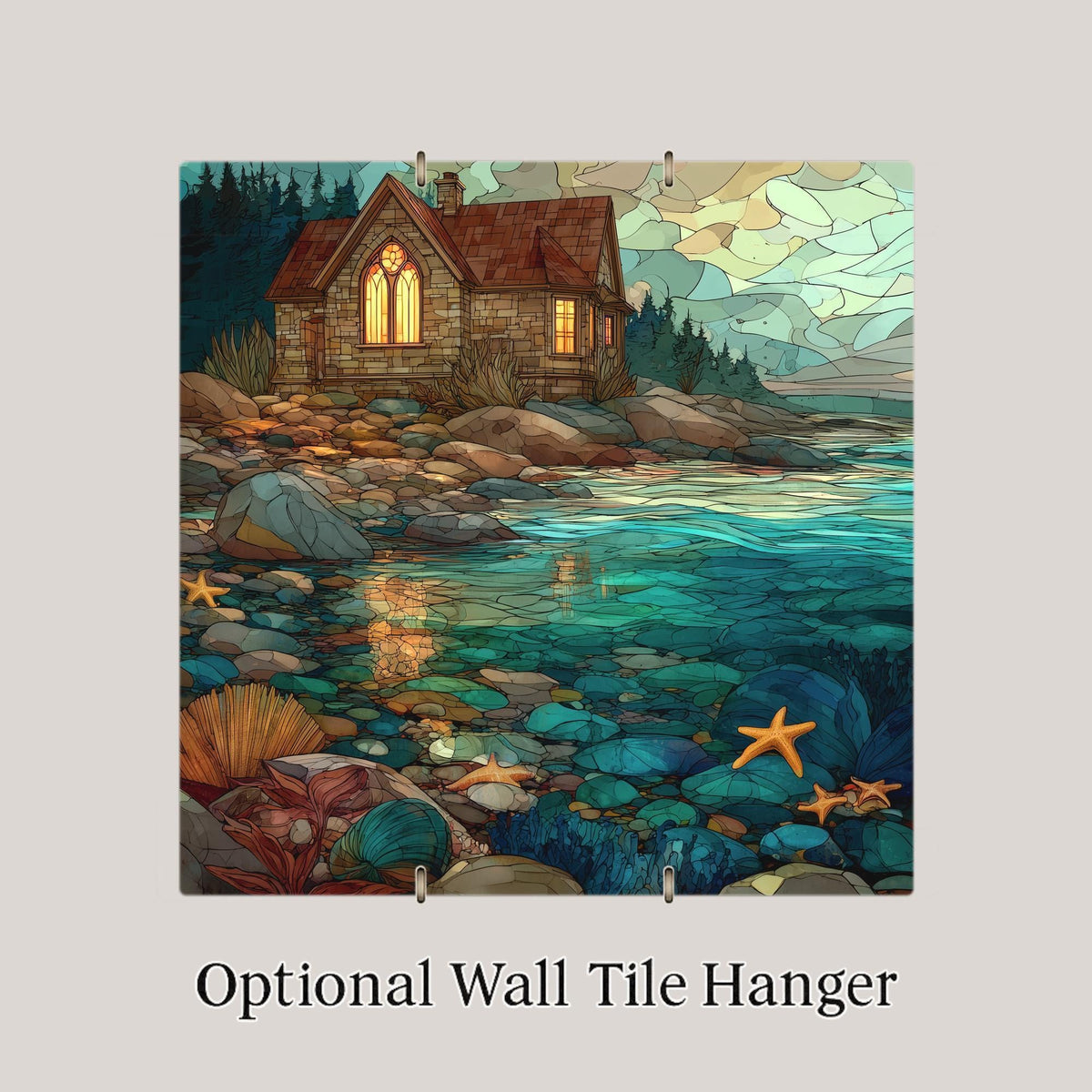 Coastal Cottage Ceramic Art Tile – Stained Glass Style Tide Pool Wall Decor, Seaside Beach Lover Gift