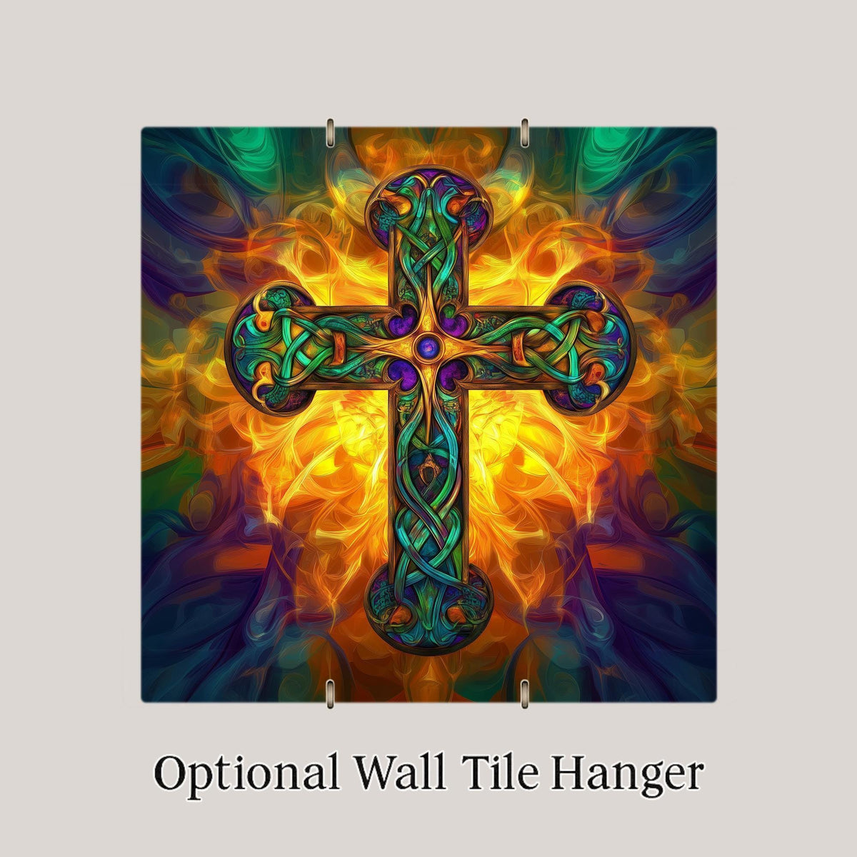 Celtic Cross Knotwork Ceramic Art Tile – Stained Glass Style, Irish Heritage Gift, Christian Faith Art Decor