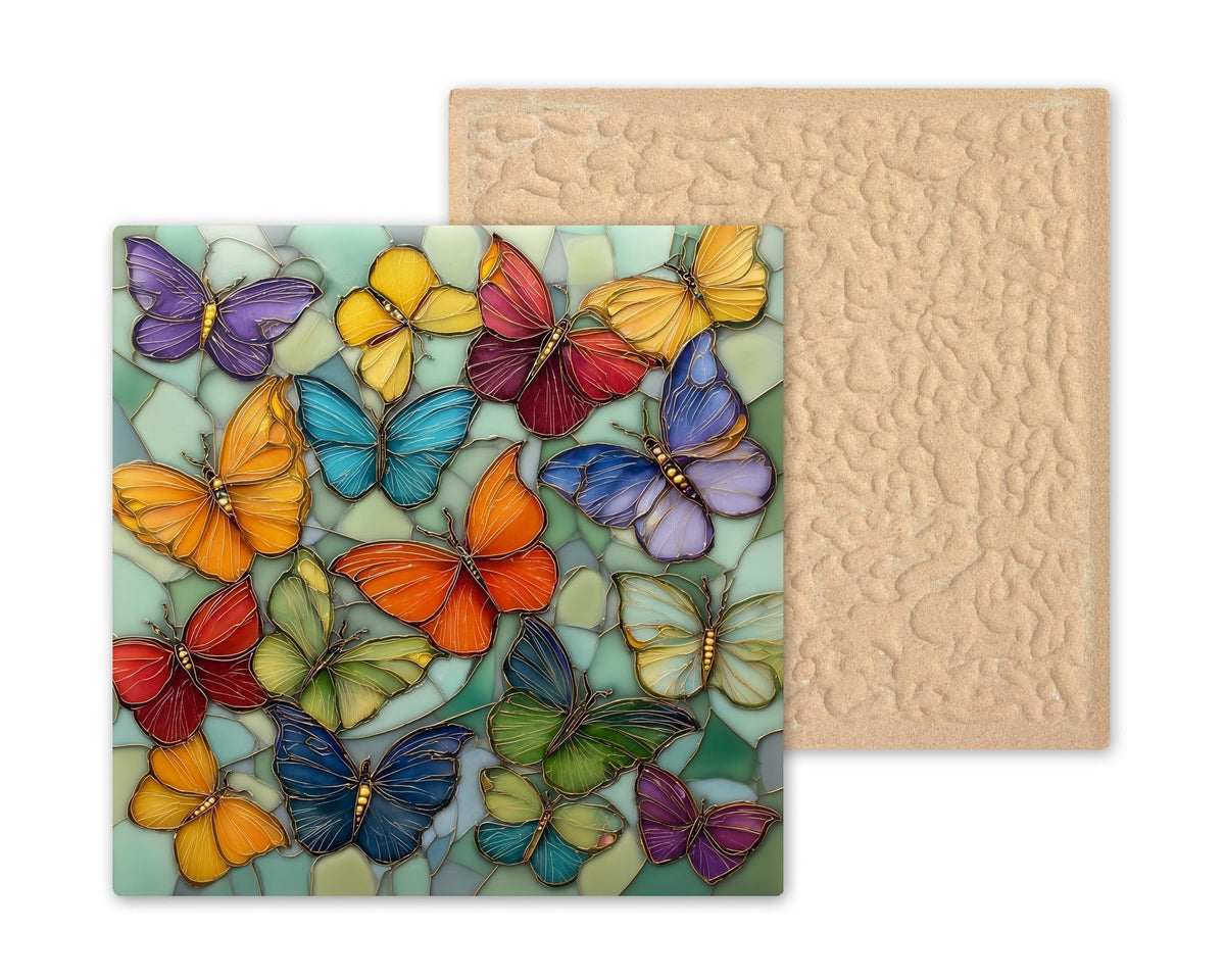Butterfly Ceramic Art Tile – Stained Glass Style Colorful Garden Wall Decor, Nature Lover Spring Gift