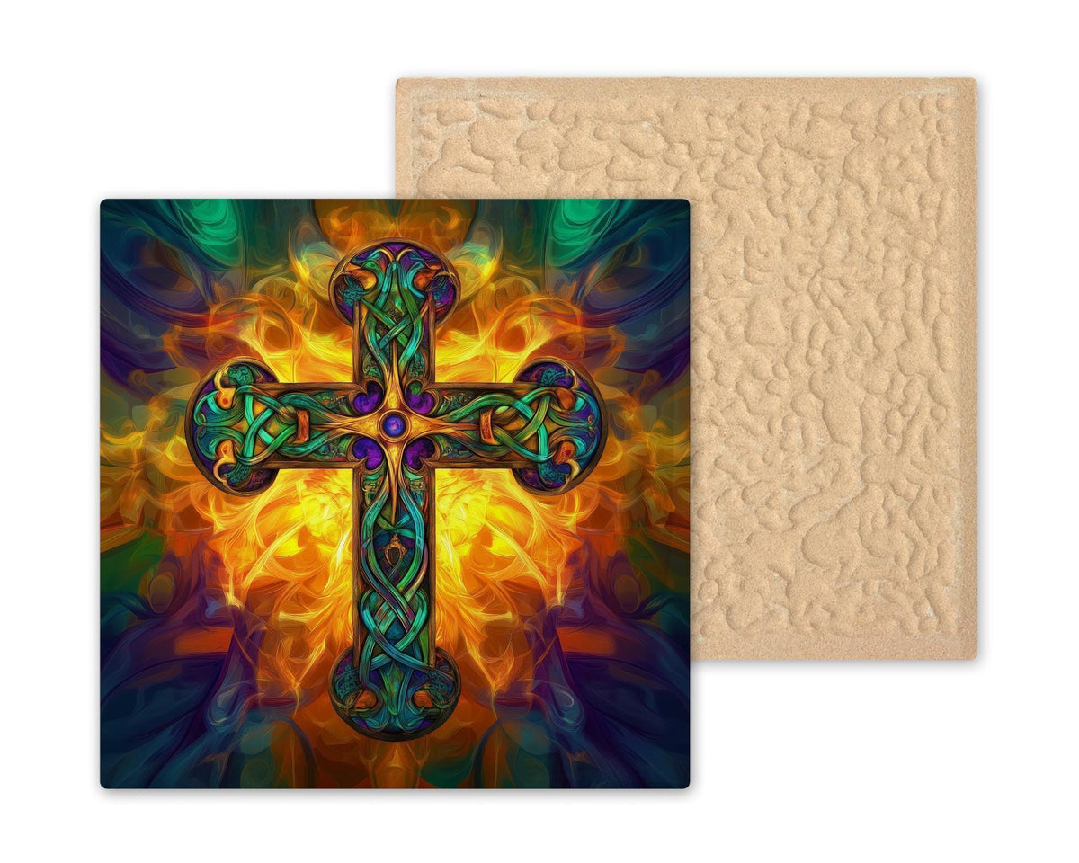 Celtic Cross Knotwork Ceramic Art Tile – Stained Glass Style, Irish Heritage Gift, Christian Faith Art Decor