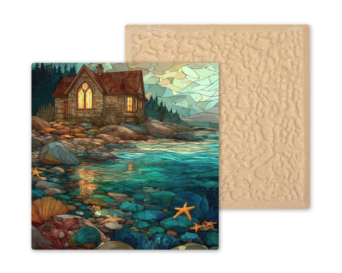 Coastal Cottage Ceramic Art Tile – Stained Glass Style Tide Pool Wall Decor, Seaside Beach Lover Gift