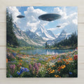 Surreal cottagecore meets UFO weirdcore in this ceramic tile art. A wildflower meadow and snowy peaks host hovering flying saucers in dreamlike harmony.