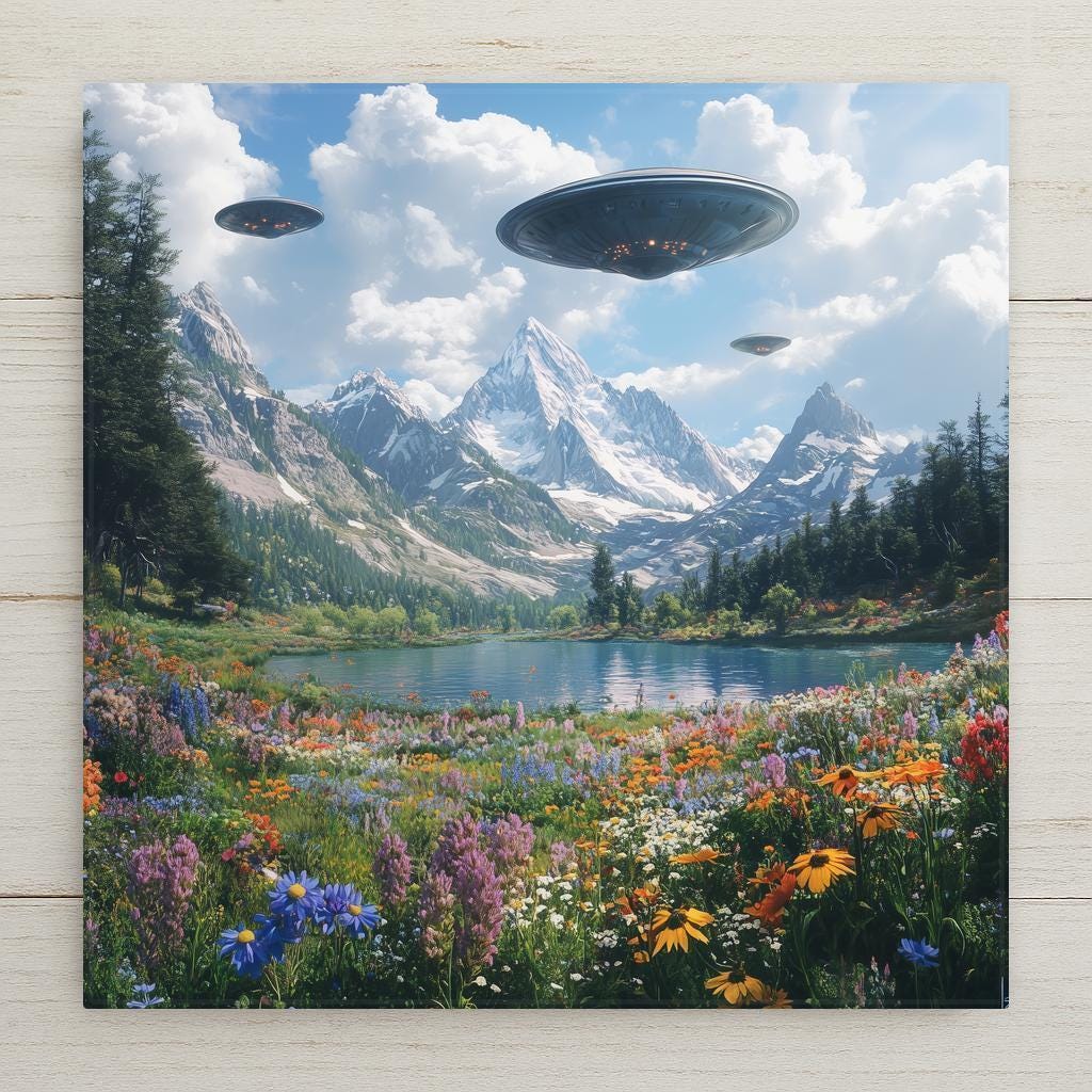 Surreal cottagecore meets UFO weirdcore in this ceramic tile art. A wildflower meadow and snowy peaks host hovering flying saucers in dreamlike harmony.