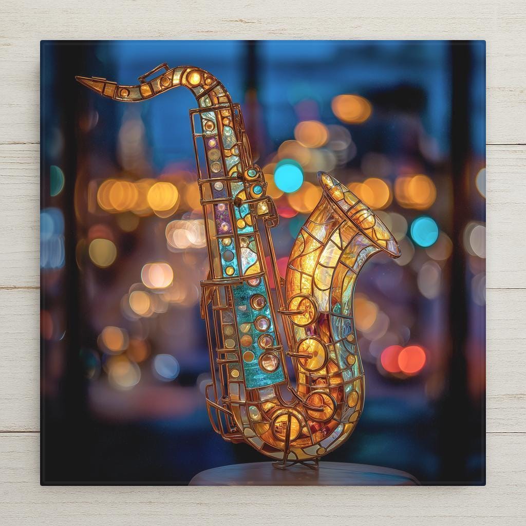 Saxophone ceramic tile wall art in glowing gold and teal tones. Art Nouveau stained glass style design adds rhythm and elegance to music rooms and home decor. Perfect wall decor gift for jazz lovers or musicians. Optional wall hanger, easel stand, cork backing, or premium frame available.