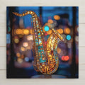Saxophone ceramic tile wall art in glowing gold and teal tones. Art Nouveau stained glass style design adds rhythm and elegance to music rooms and home decor. Perfect wall decor gift for jazz lovers or musicians. Optional wall hanger, easel stand, cork backing, or premium frame available.