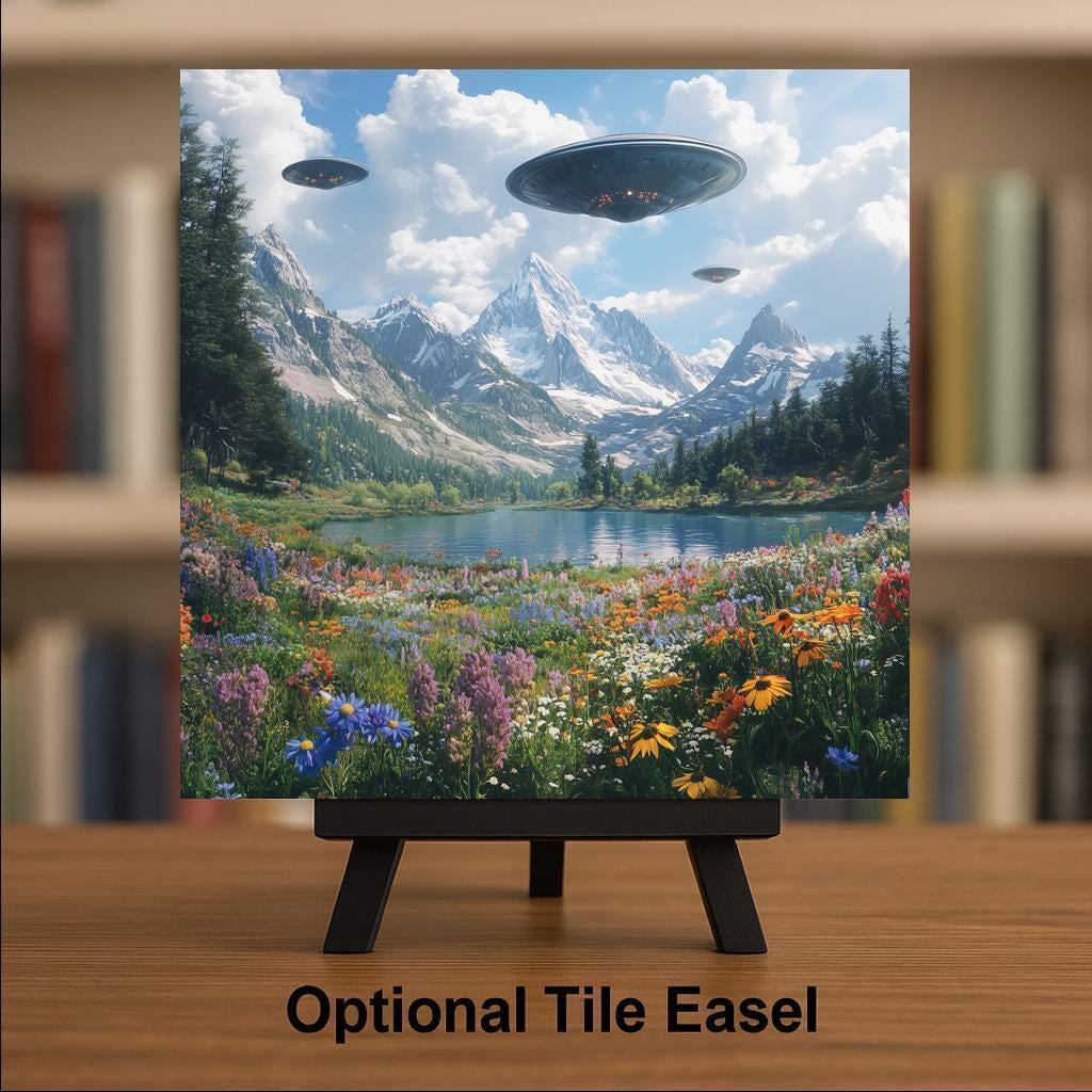 Surreal Mountain Wall Art Ceramic Tile UFO Gift Wildflower Decor Alien Cottagecore Art Quirky Home Gift Tile