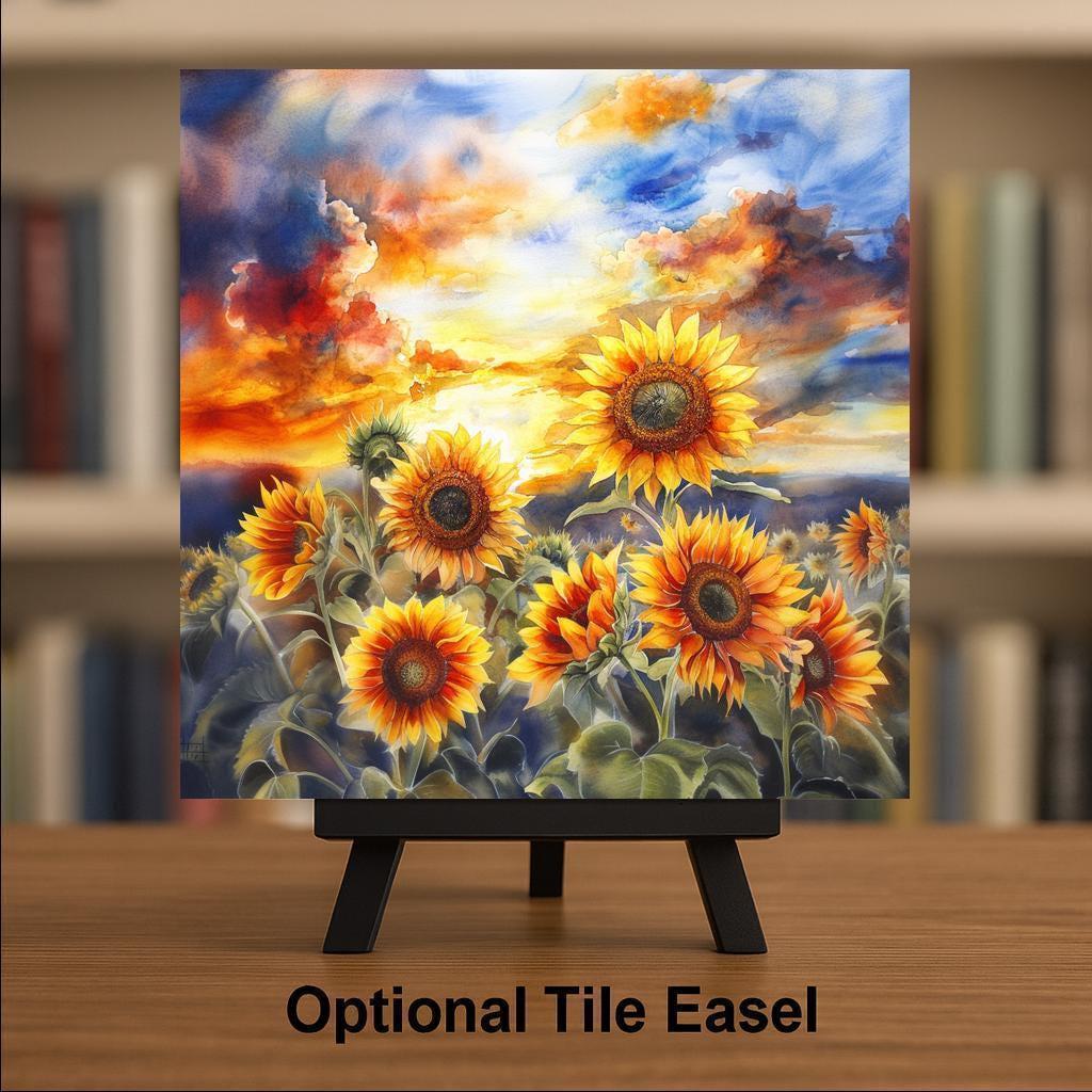 Sunflower Sunset Watercolor Ceramic Art Tile: Nature Wall Decor Floral Home Decor Art Lover Gift Wall Art
