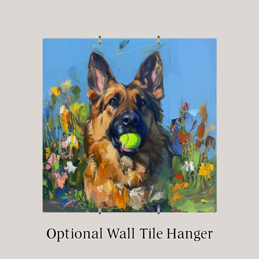 German Shepherd Dog Painting Ceramic Art Tile – Colorful Pet Wall Decor, Playful Dog Lover
