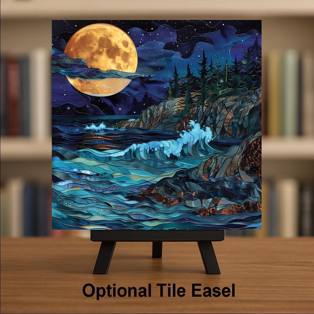 Full Moon Coastal Wall Art Ceramic Tile – Moody Night Ocean Decor – Dramatic Moonlit Seascape – Beach House Home Decor