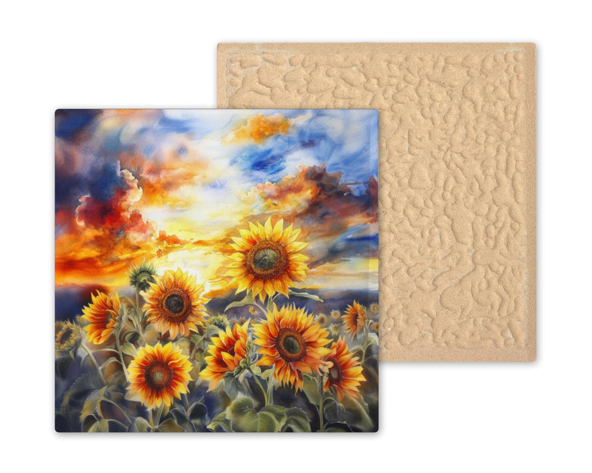 Sunflower Sunset Watercolor Ceramic Art Tile: Nature Wall Decor Floral Home Decor Art Lover Gift Wall Art