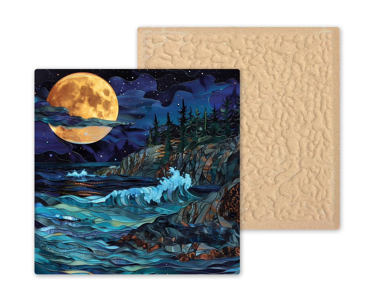 Full Moon Coastal Wall Art Ceramic Tile – Moody Night Ocean Decor – Dramatic Moonlit Seascape – Beach House Home Decor