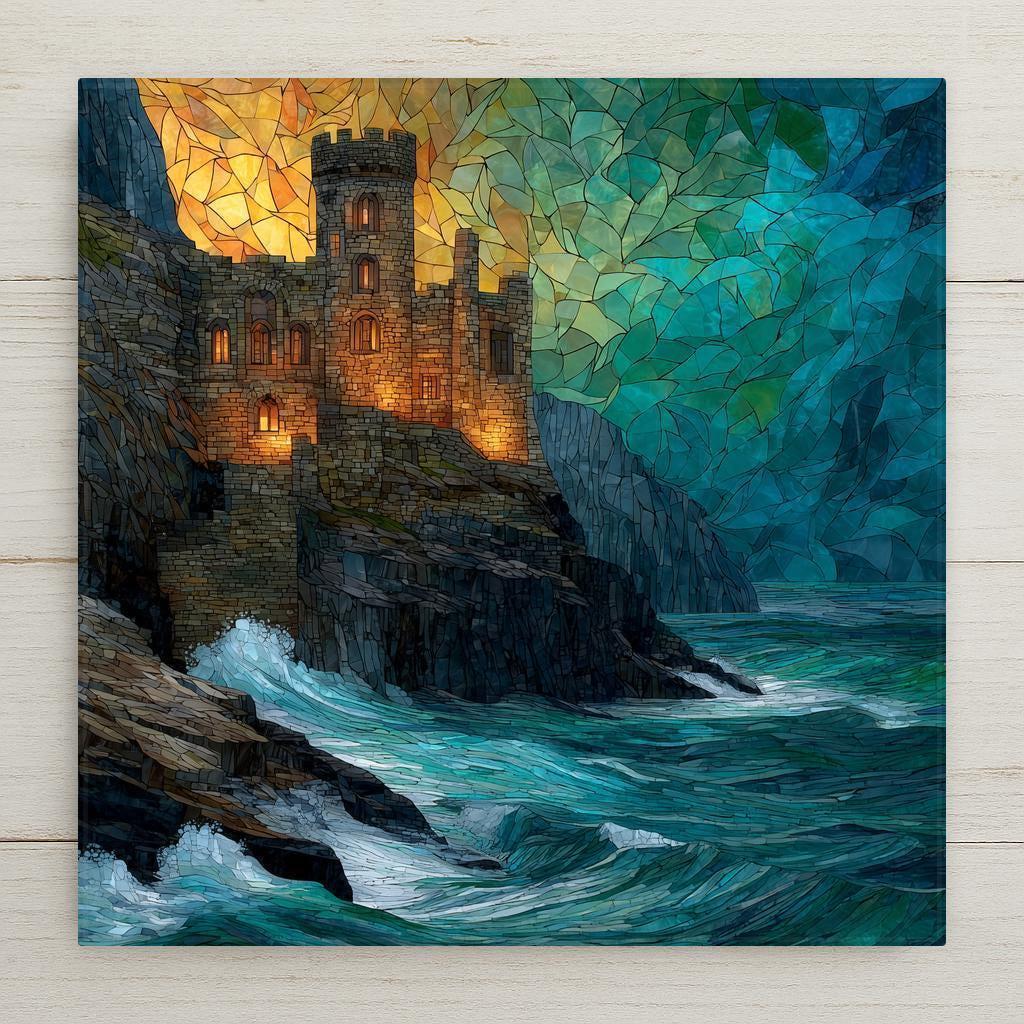 A stained glass–style ceramic tile featuring a glowing coastal castle perched above crashing ocean waves. This fantasy wall decor blends deep blues, emerald tones, and warm gold highlights for a dramatic, castlecore-inspired look. The artwork is a permanent print on tile, not actual stained glass. Optional tile wall hanger, easel tile stand, cork backing, and premium frame are available for display.
