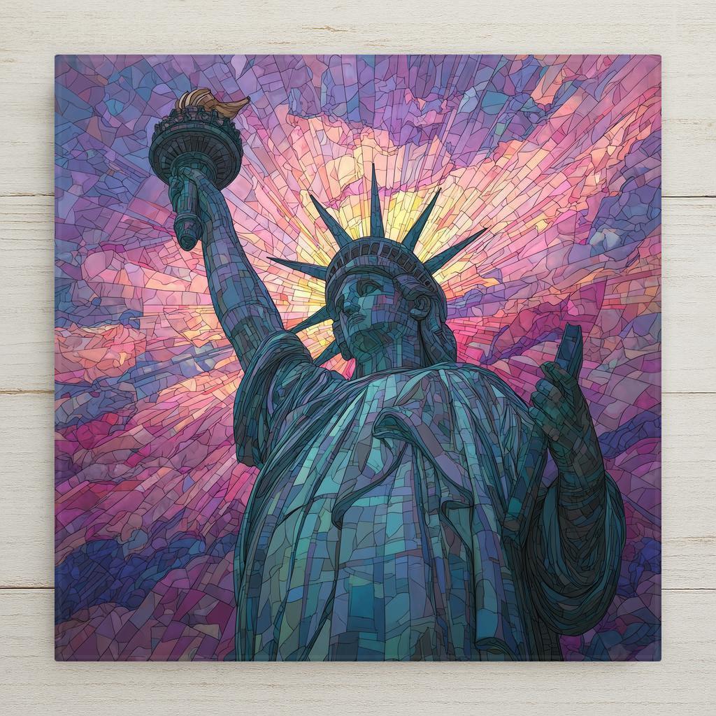 Statue of Liberty wall art ceramic tile in luminous stained glass style. Jewel-tone sunset colors and glossy finish make this NYC landmark a bold art accent. Optional satin frame with wall hanger and stand, cork backing, or easel available. Perfect for patriotic décor or a meaningful New York City gift.