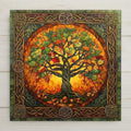 Celtic Tree of Life ceramic tile with autumn leaves and knotwork. A mystical symbol of nature’s cycle, perfect for sacred seasonal decor.