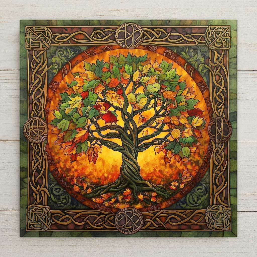 Celtic Tree of Life ceramic tile with autumn leaves and knotwork. A mystical symbol of nature’s cycle, perfect for sacred seasonal decor.