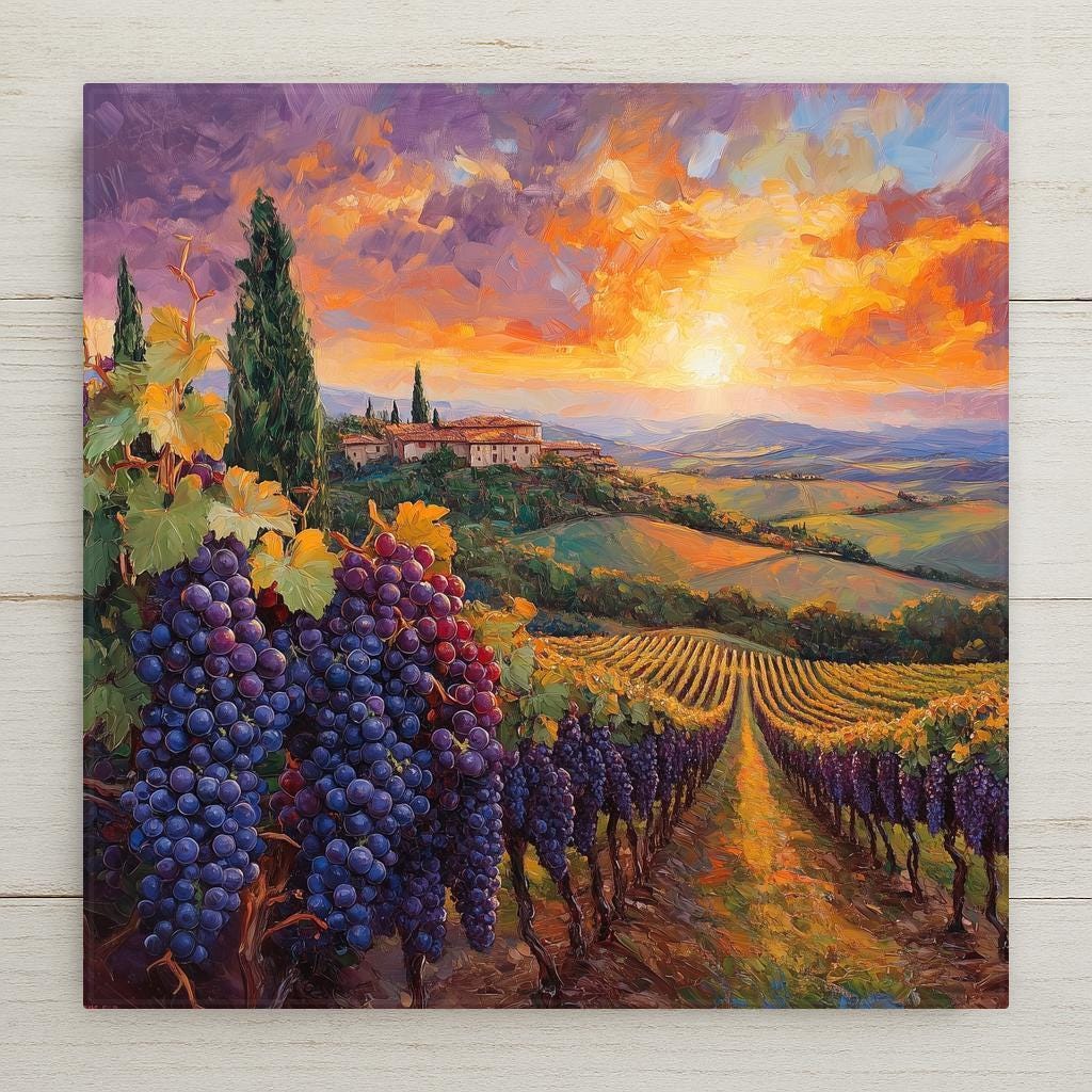 A glowing Tuscan vineyard at sunset, with grapes and rolling hills captured in handmade ceramic tile art. A rustic gift for wine lovers or fall decor.