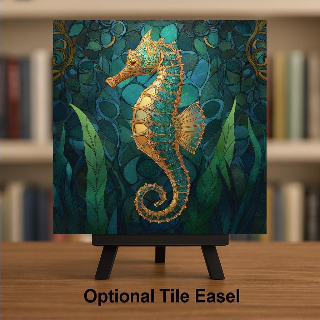 Seahorse Wall Art Ceramic Tile Coastal Gift Golden Seahorse Decor Ocean Nature Art Place Identity