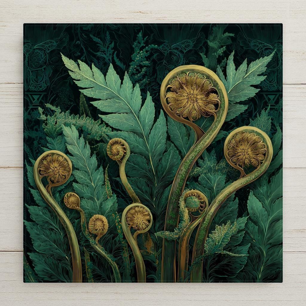Art Nouveau style fern fronds and fiddleheads in deep emerald green with ornate botanical detailing.