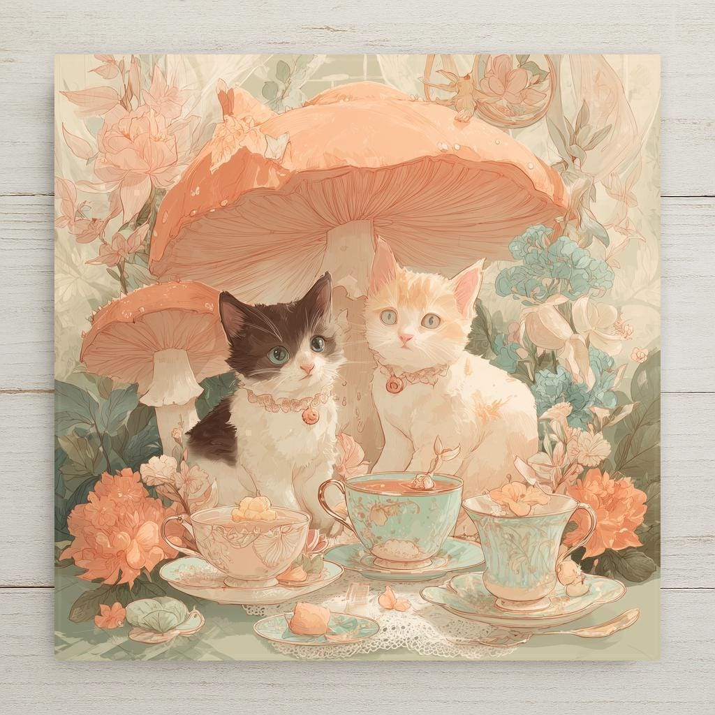 Stained glass style kittens tea party ceramic tile with two whimsically dressed kittens at a formal tea table in an enchanted peach and pink woodland, warm gold teapot and amber fairy light accents, a vivid fantasy cat lover and fairytale home decor gift.