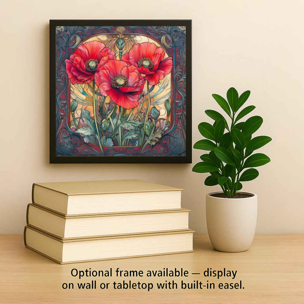 Red Poppy William Morris Style Ceramic Art Tile – August Birth Flower Wall Decor, Art Nouveau Vintage Floral Accent