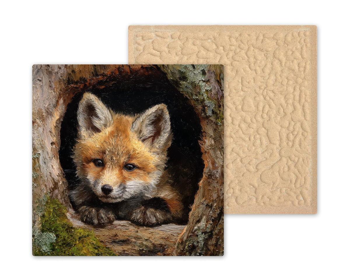 Baby Fox Stained Glass Style Ceramic Art Tile – Woodland Nursery Wall Decor, Rustic Forest Nature Gift