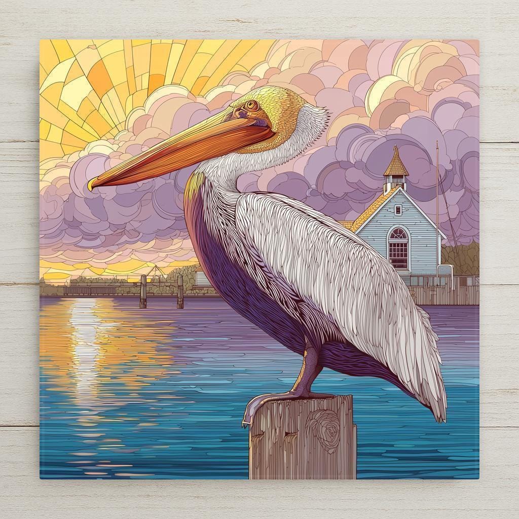 Stained glass style pelican ceramic tile with a majestic brown pelican perched on a harbor piling at golden sunset, deep cobalt and teal harbor water and warm amber light, sailboats behind, a vivid coastal bird and pelican lover gift.
