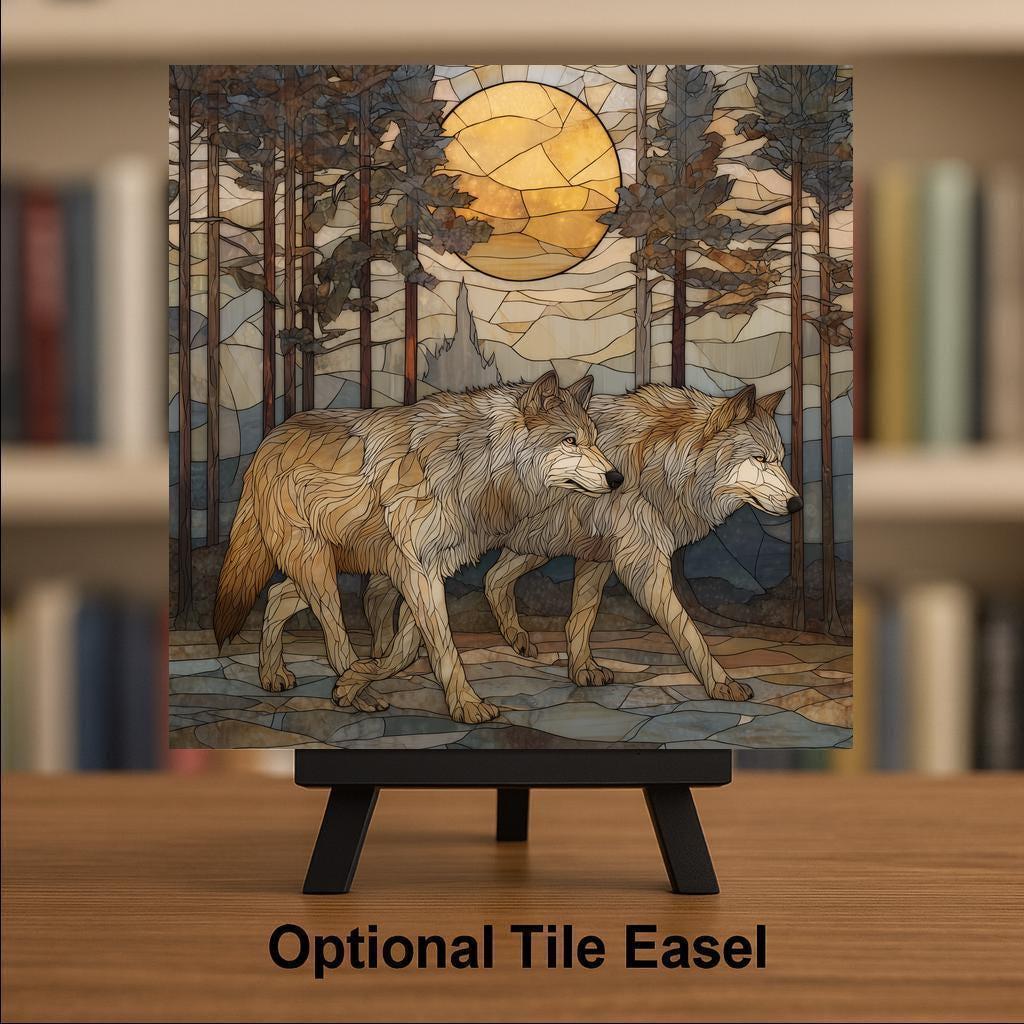 Wolf Pair Wall Art Ceramic Tile Stained Glass Style Anniversary Gift Couple Decor Nature Art Symbolic