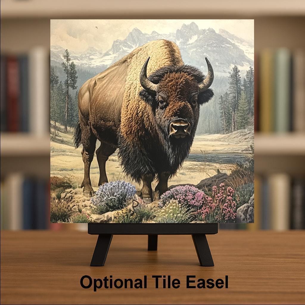 American Buffalo Wall Art Ceramic Tile Western Gift Vintage Wildlife Decor Bison Art Nature Lover Cabin Gift Tile