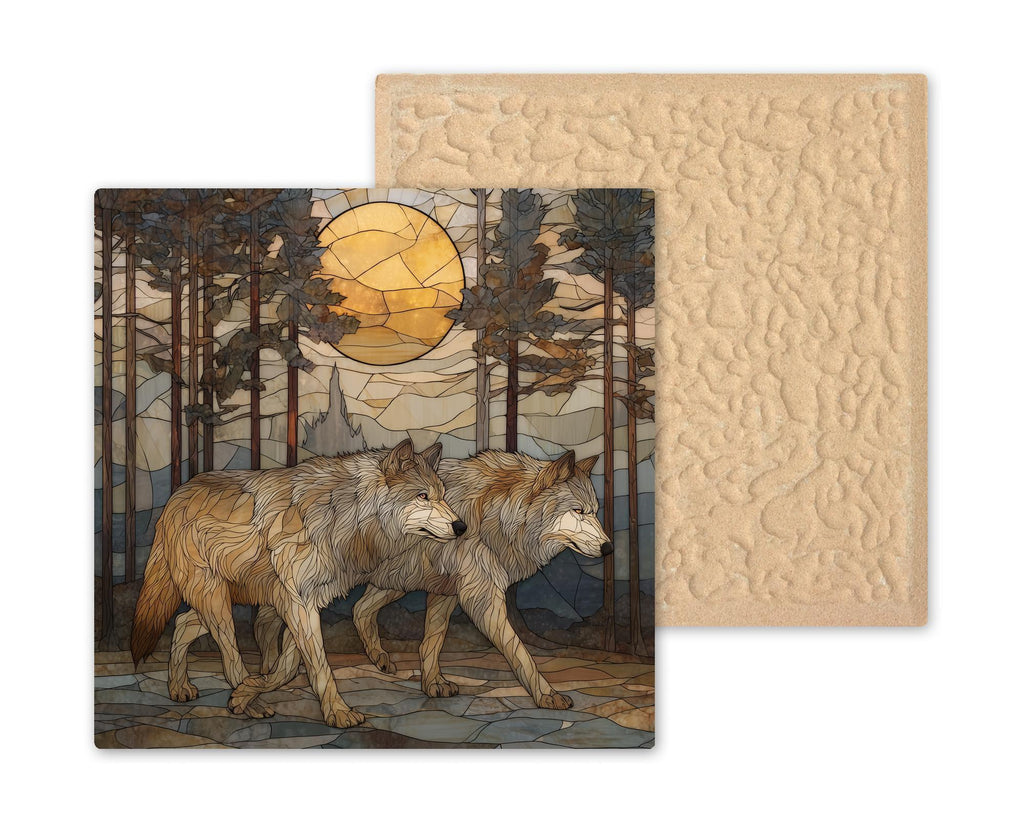Wolf Pair Wall Art Ceramic Tile Stained Glass Style Anniversary Gift Couple Decor Nature Art Symbolic