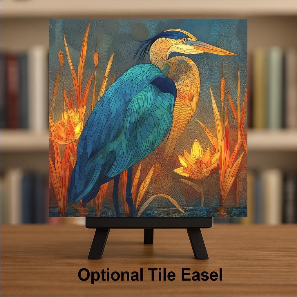 Teal Amber Heron Wall Art Ceramic Tile Birdwatcher Gift Stained Glass Style Decor Coastal Bird Art Heron Lover Gift Tile