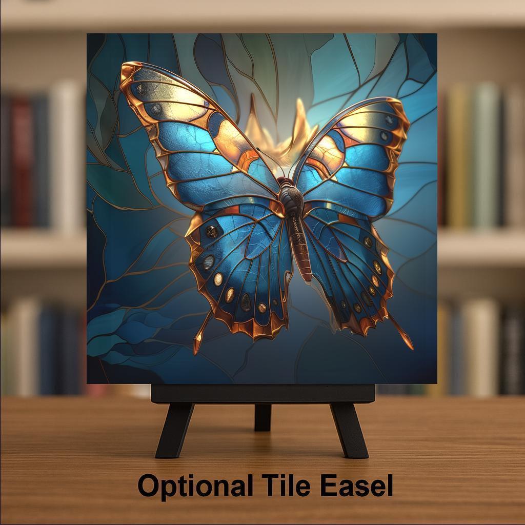 Blue Butterfly Wall Art Ceramic Tile – Stained Glass Butterfly Decor – Teal Nature Wall Decor – Botanical Home Decor Gift