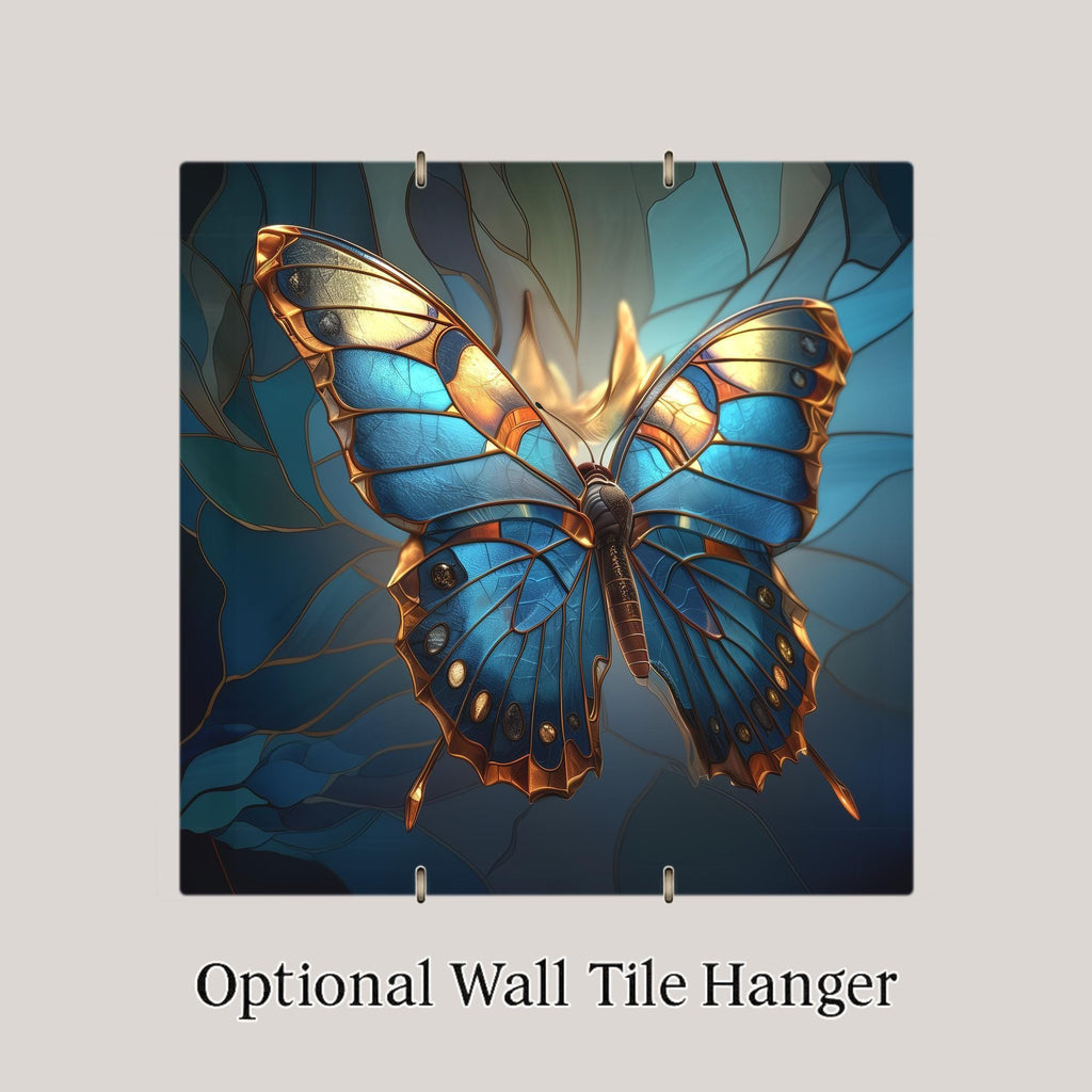 Blue Butterfly Wall Art Ceramic Tile – Stained Glass Butterfly Decor – Teal Nature Wall Decor – Botanical Home Decor Gift