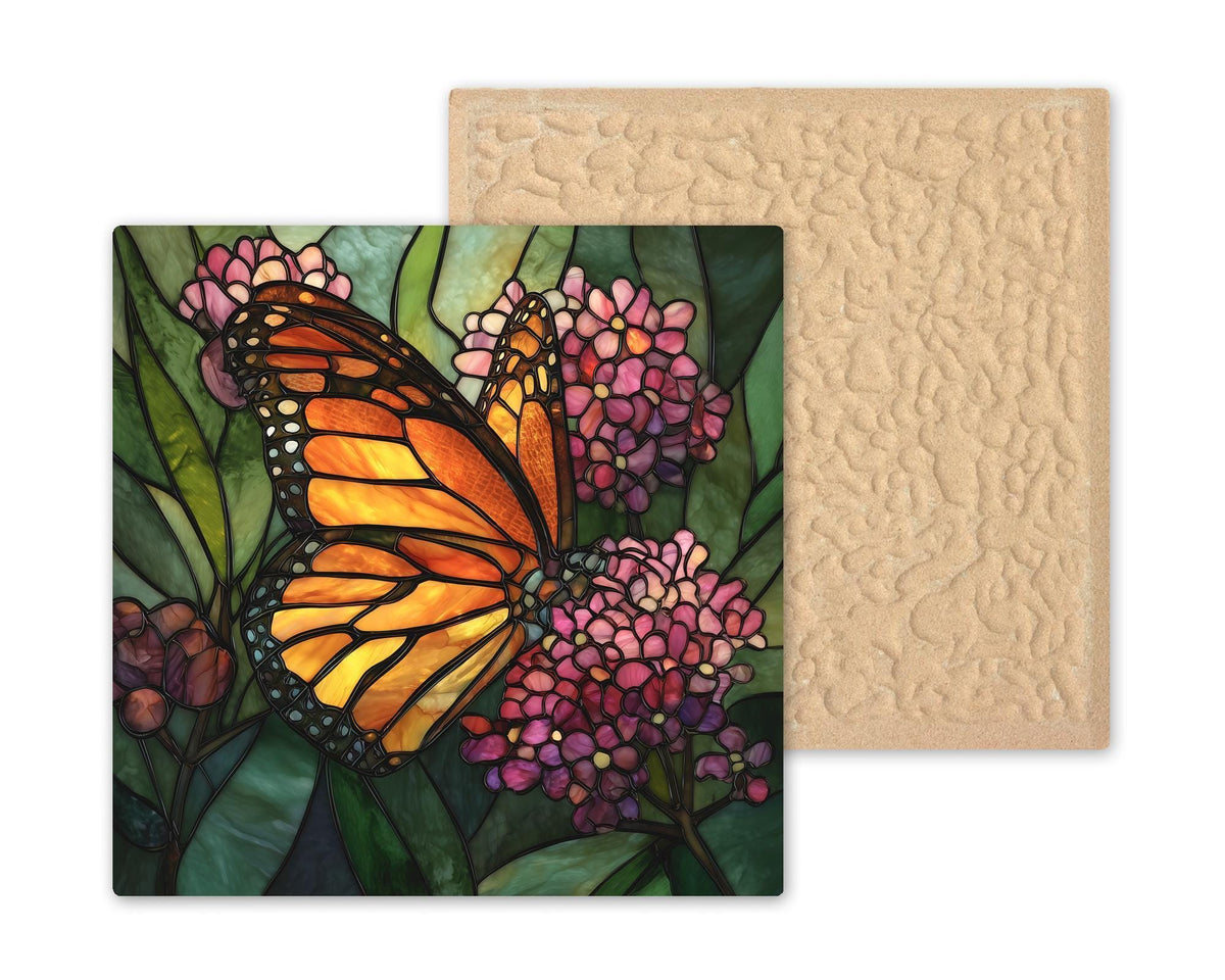 Monarch Butterfly Wall Art Ceramic Tile Stained Glass Style Floral Garden Decor Orange Butterfly Botanical Gift Tile