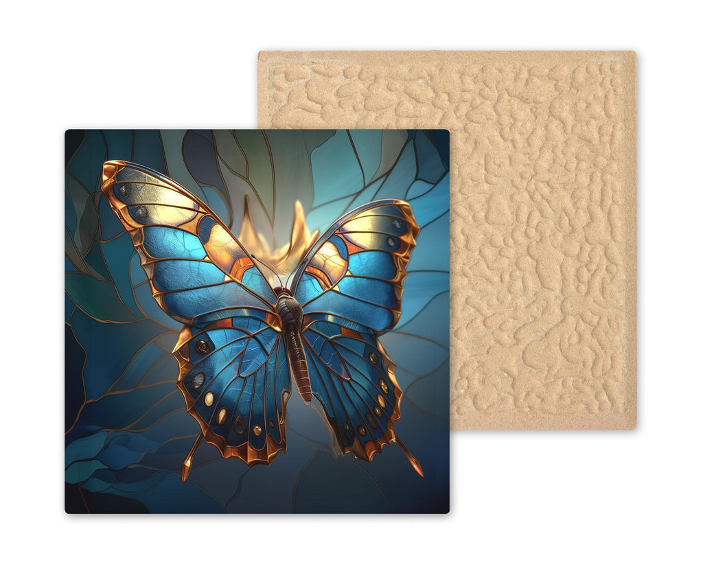 Blue Butterfly Wall Art Ceramic Tile – Stained Glass Butterfly Decor – Teal Nature Wall Decor – Botanical Home Decor Gift