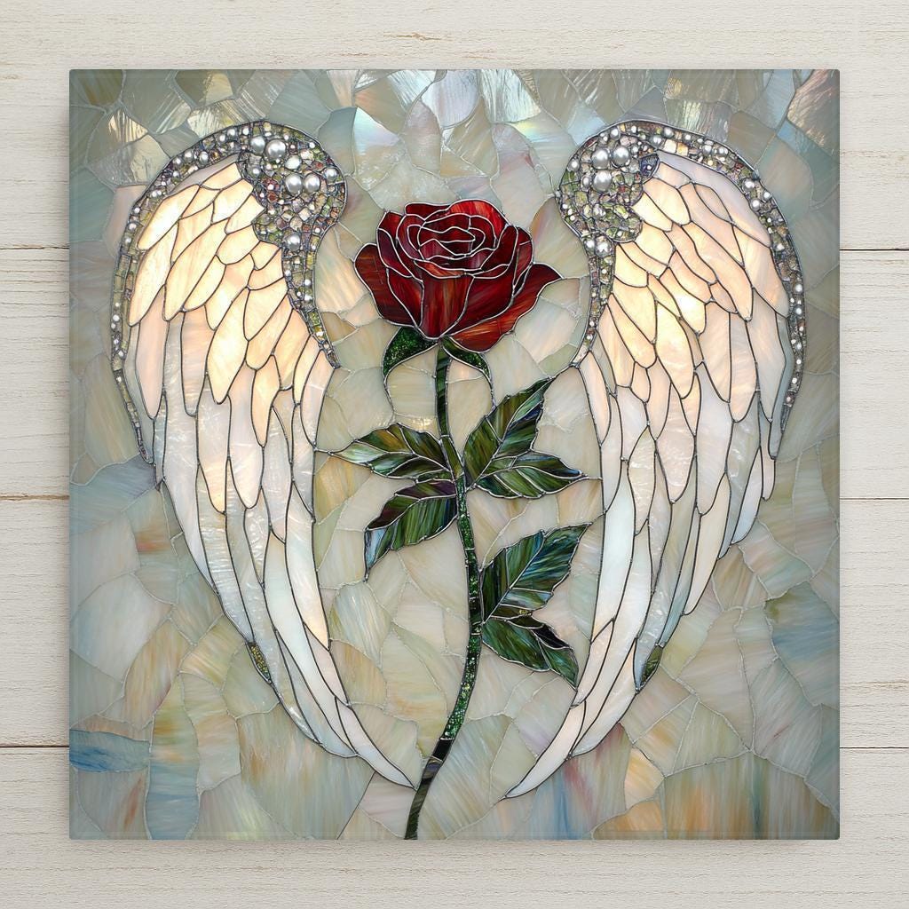 Stained glass angel wings and red rose ceramic tile. Sympathy gift, memorial decor, or angel tile wall art for loss of loved one remembrance.