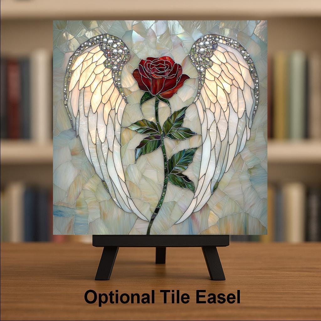 Angel Wings & Rose Tile Art: Stained Glass Style Memorial, Sympathy, Christian Decor, Remembrance Gift