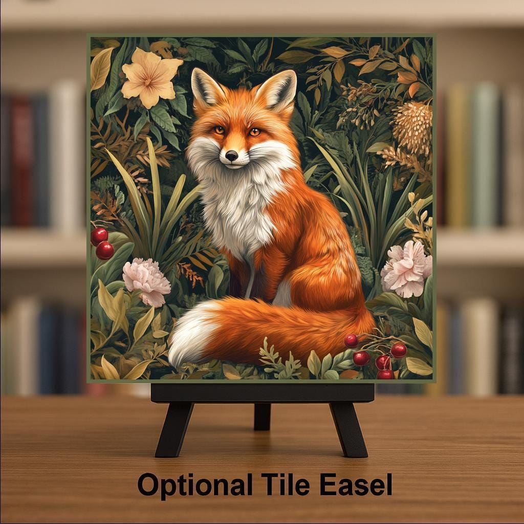 Fox Wall Art Ceramic Tile Art Nouveau Gift William Morris Style Woodland Nature Fox Lover Botanical Decor Art