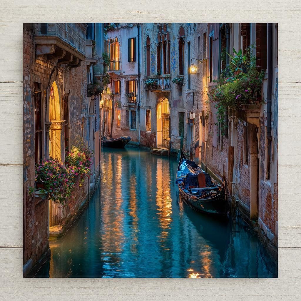 Stained glass–style Venice Italy ceramic tile wall art featuring a romantic Venetian canal at night with glowing lights and gondolas. Permanent print on ceramic tile, not real stained glass or mosaic. Optional tile wall hanger, easel tile stand, cork backing, and premium frame available.