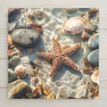 A coastal tidepool scene featuring a textured starfish surrounded by smooth stones and seashells beneath clear, sunlit water. Soft reflections and natural ocean tones create a calming beach-inspired ceramic tile wall art design.