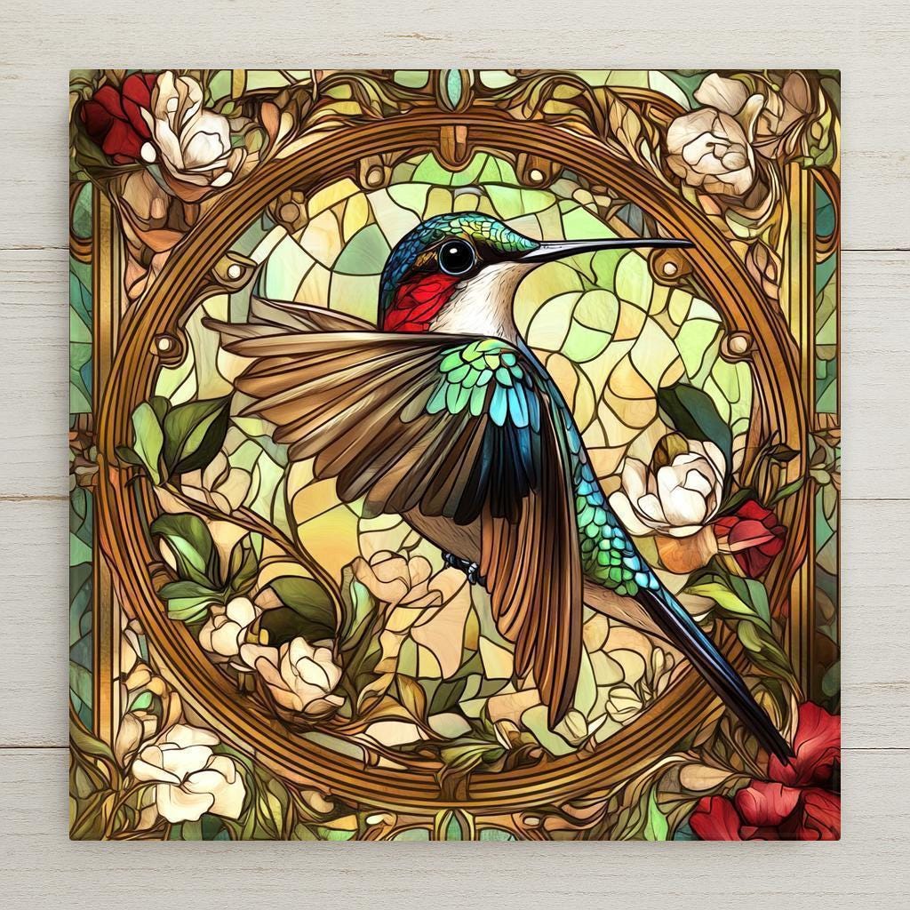 Add a splash of timeless elegance to your space with this Alphonse Mucha-inspired hummingbird tile. Designed to emulate the flowing lines and stained-glass texture of Art Nouveau, this ceramic piece showcases a ruby-throated hummingbird poised among rich foliage and blossoms. Whether you're decorating a cozy reading nook, your kitchen backsplash, or looking for a unique wildlife gift, this tile offers beauty and utility.