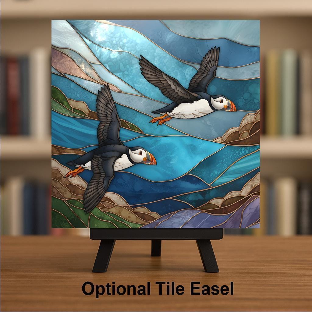 Puffin Pair Wall Art Ceramic Tile Coastal Gift Stained Glass Style Ocean Bird Decor Seaside Wildlife Nature Gift Tile