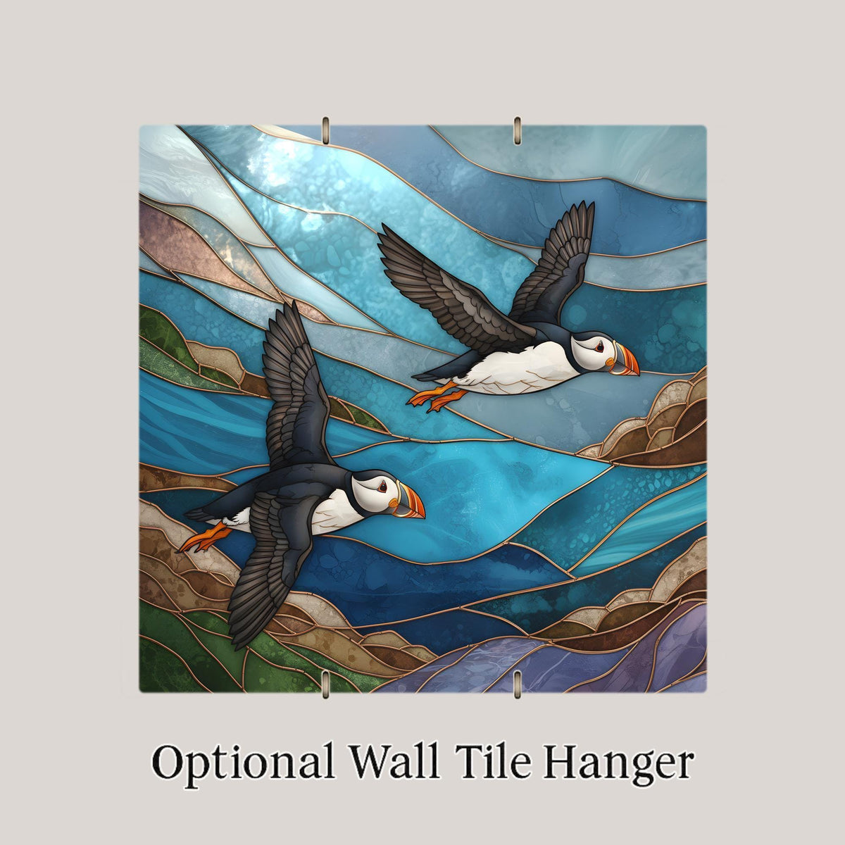 Puffin Pair Wall Art Ceramic Tile Coastal Gift Stained Glass Style Ocean Bird Decor Seaside Wildlife Nature Gift Tile