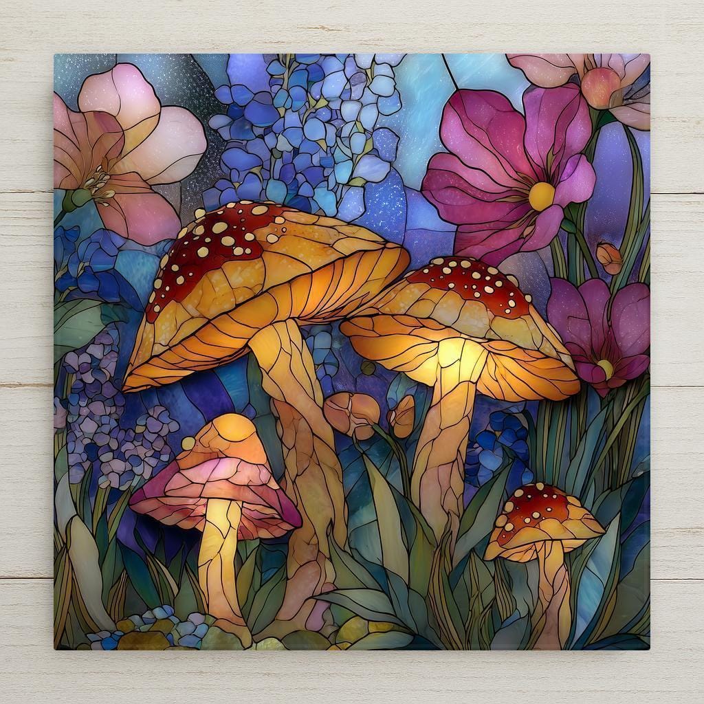Stained glass style mushroom ceramic tile wall art featuring glowing toadstools, colorful wildflowers, and lush woodland foliage in jewel tones of amber, blue, pink, and green.