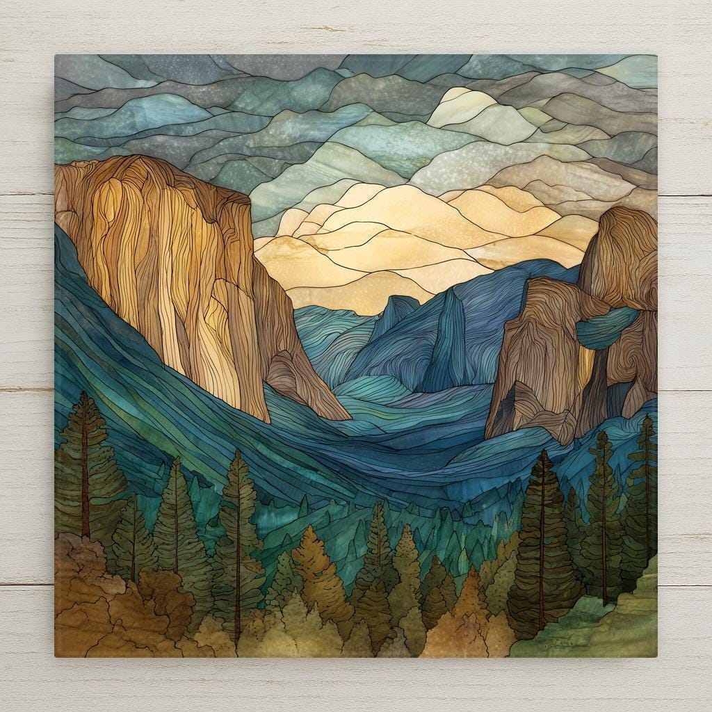 Yosemite ceramic tile wall art in a luminous stained glass style showcases the iconic Tunnel View with El Capitan and Half Dome in vibrant jewel tones. Its glossy finish ensures lasting brilliance, with optional features like a satin frame, cork backing, or easel. A perfect gift for national park enthusiasts and fans of California landscape décor.